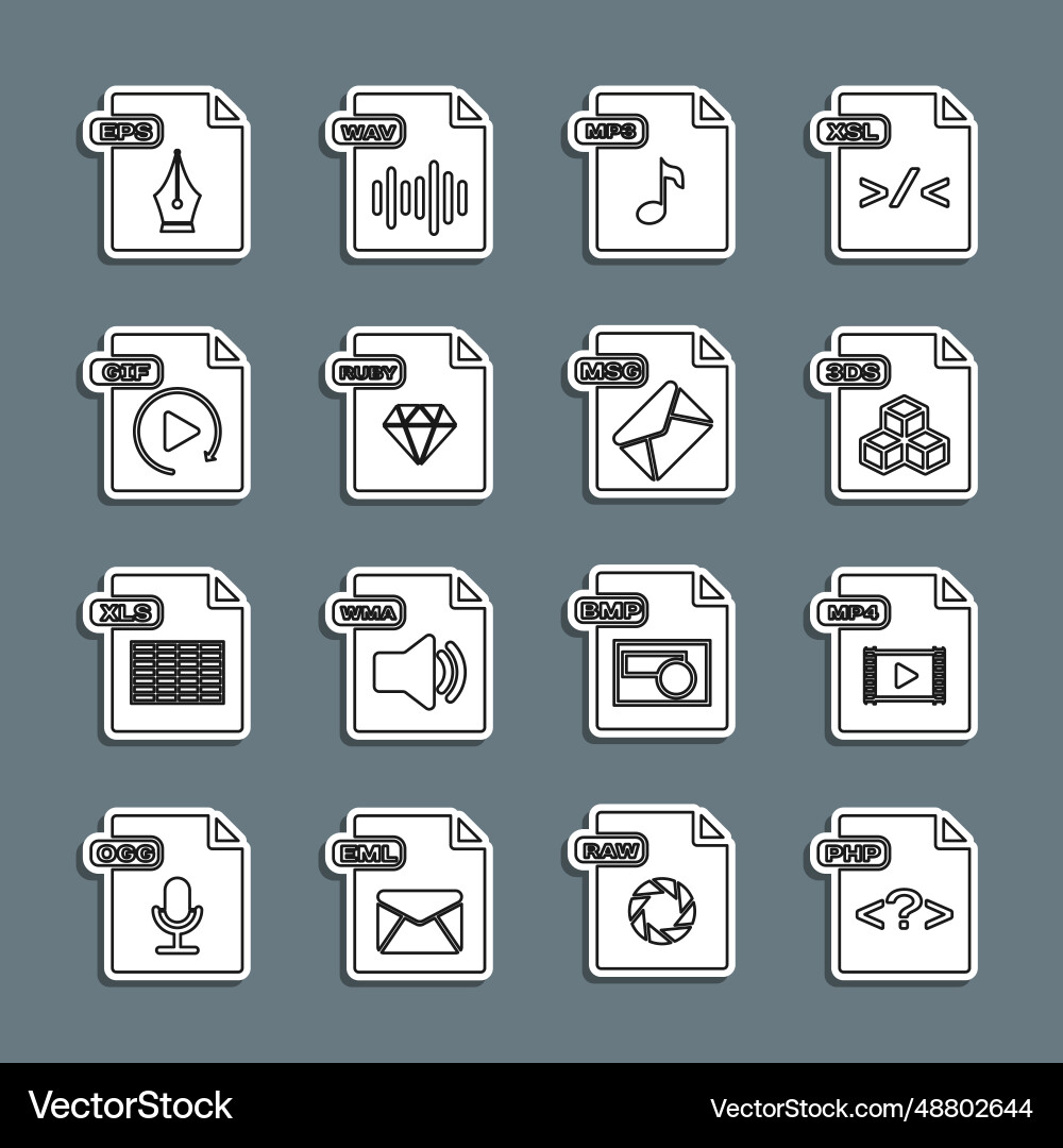 Set line php file document mp4 3ds mp3 ruby Vector Image