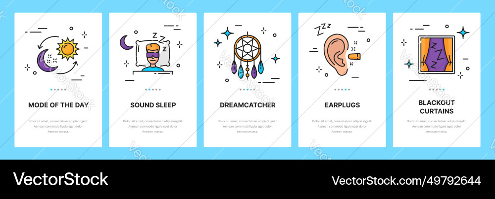 Sleep line icons mobile app onboarding screen Sleep line icons mobile app onboarding screen vector image