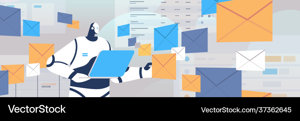 Robot using laptop sending and receiving envelopes Robot using laptop sending and receiving envelopes vector image