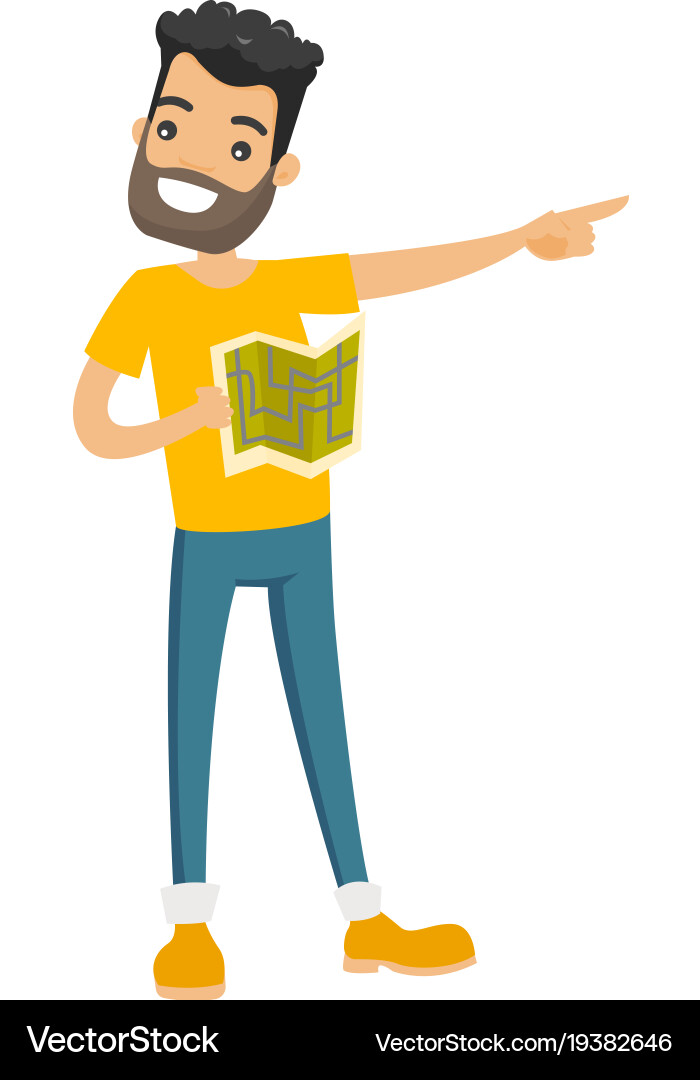 Caucasian with map pointing finger to the side Vector Image