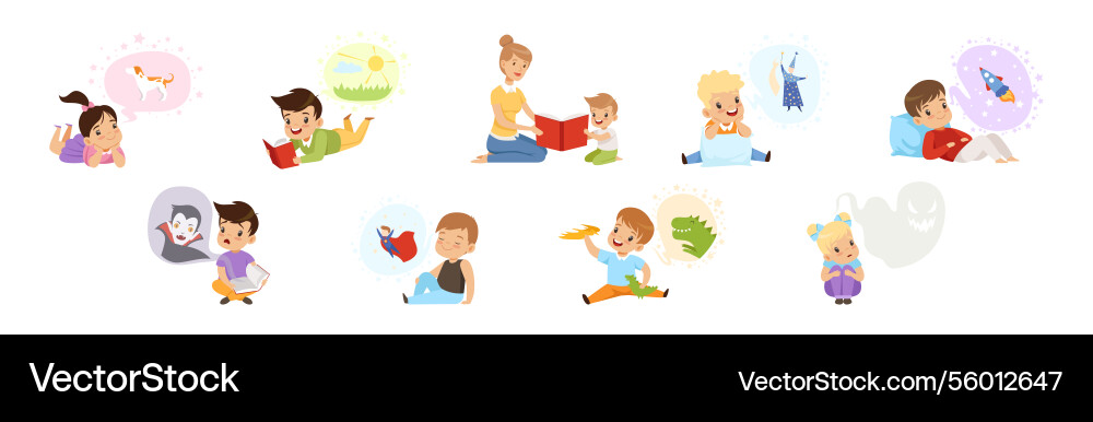 Adorable Kinder lesen Märchen Fantasie Buch Adorable Kinder lesen Märchen Fantasie Buch vektorbild