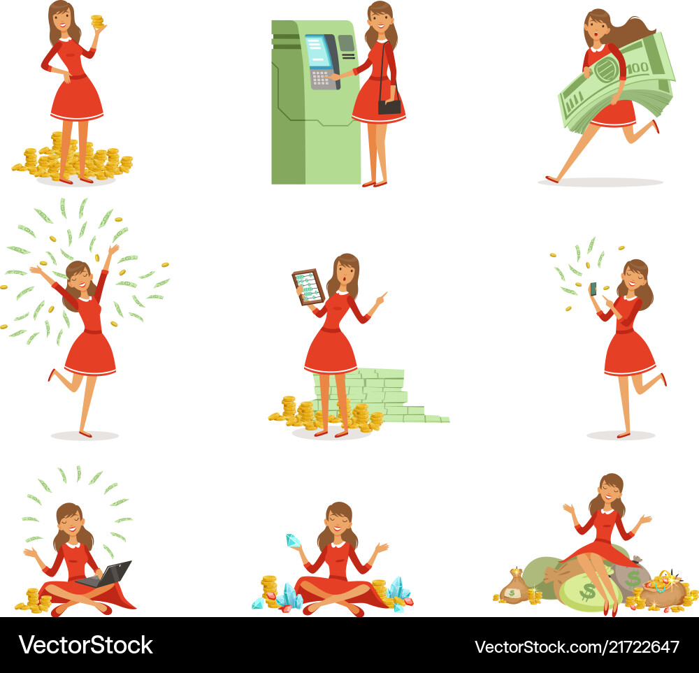 Happy young millionaire woman in a red dress Happy young millionaire woman in a red dress vector image