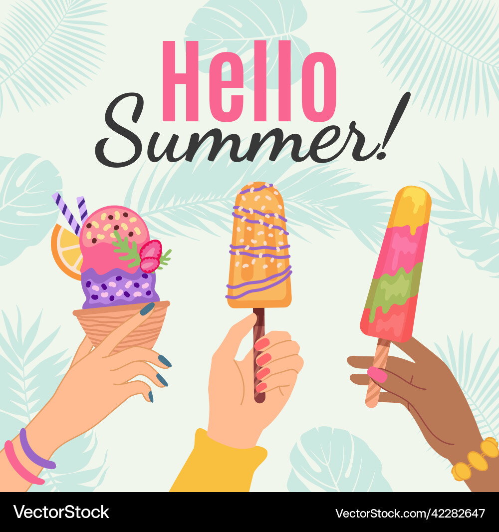 Hello summer banner or poster hand hold ice cream Hello summer banner or poster hand hold ice cream vector image