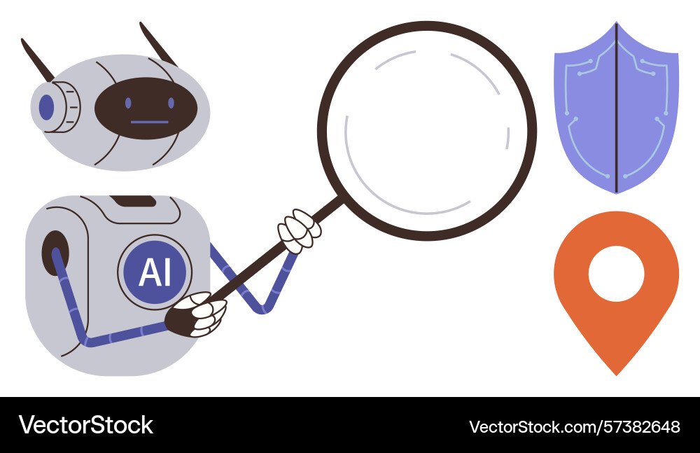 Ai robot analyzing data with magnifying glass vector image