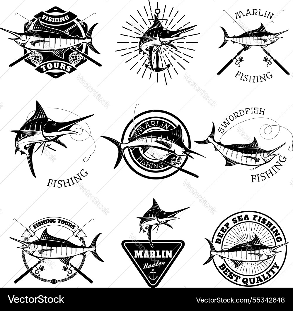 Marlin Fischerei Schwertfisch Ikonen tiefes Meer Marlin Fischerei Schwertfisch Ikonen tiefes Meer vektorbild