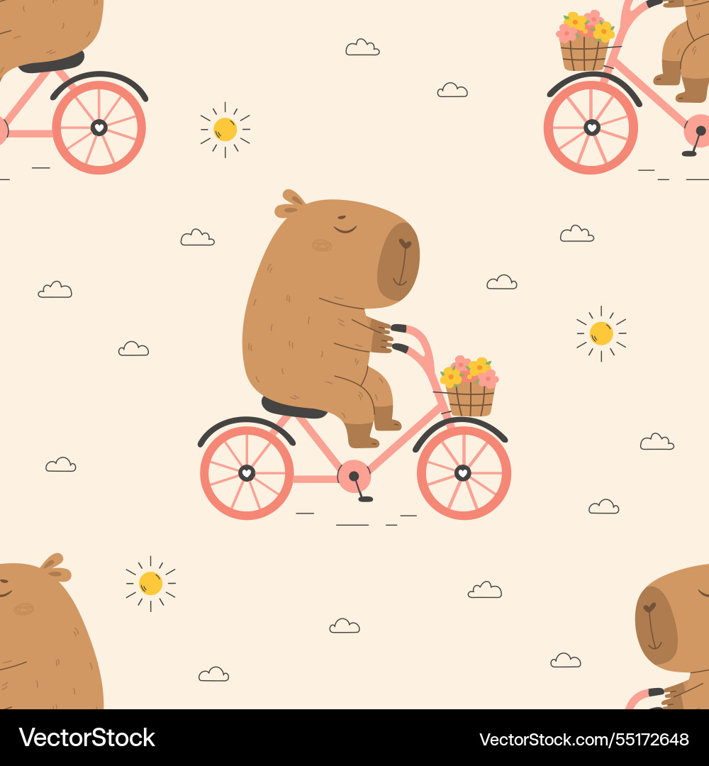 Seamless pattern with funny capybara on bicycle Seamless pattern with funny capybara on bicycle vector image