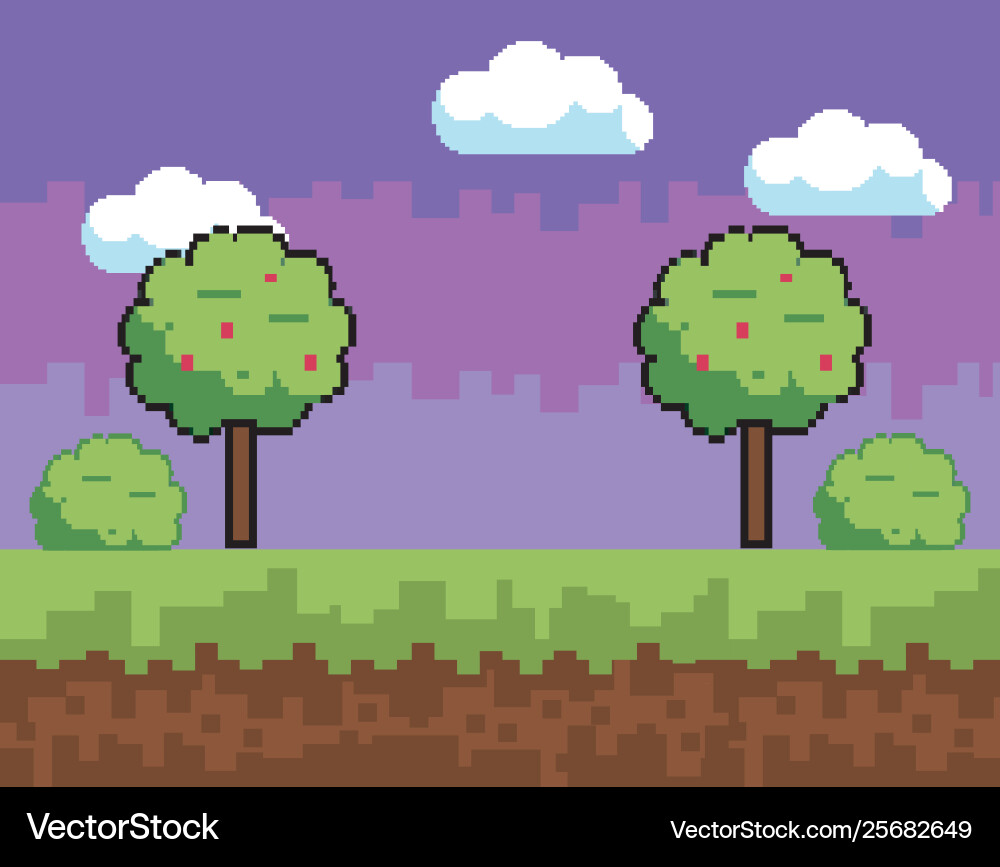 Arcade game world and pixel scene design Vector Image
