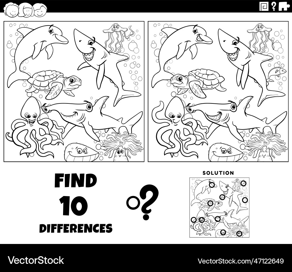 Differences game with cartoon marine animals Differences game with cartoon marine animals vector image