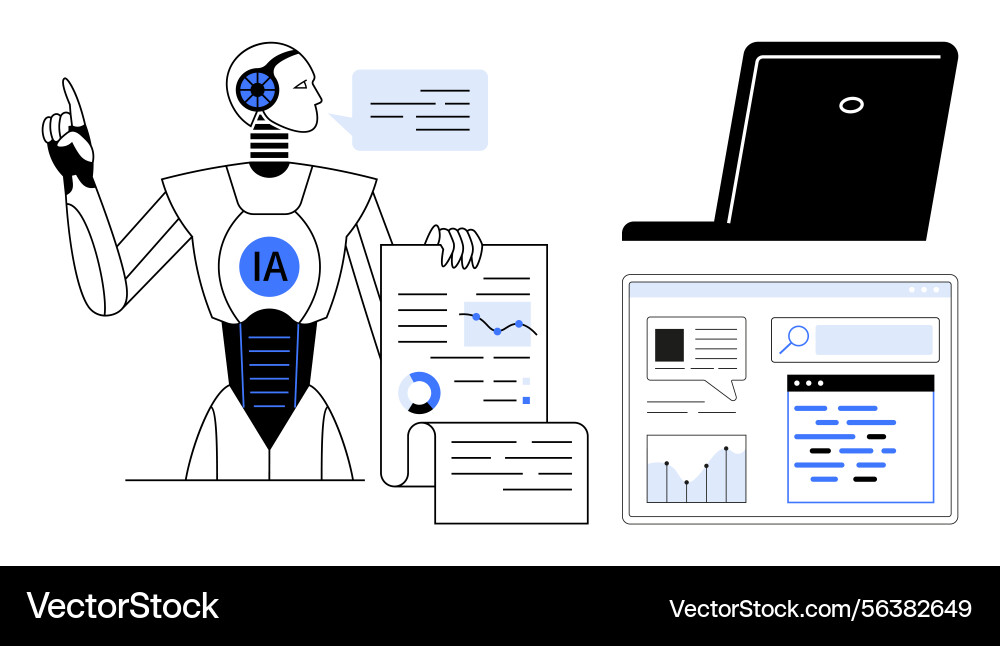 Futuristic ai robot analyzing documents alongside vector image