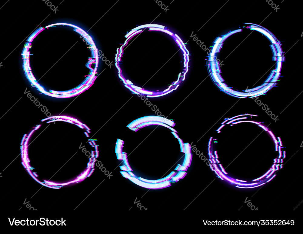 Glitch circle frames with digital noise borders Glitch circle frames with digital noise borders vector image