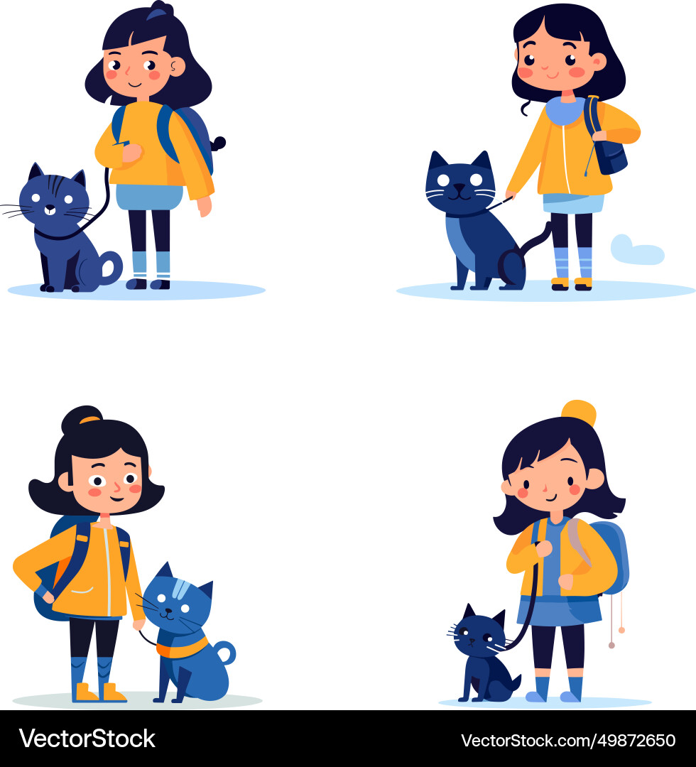 A girl in different poses with blue cat A girl in different poses with blue cat vector image