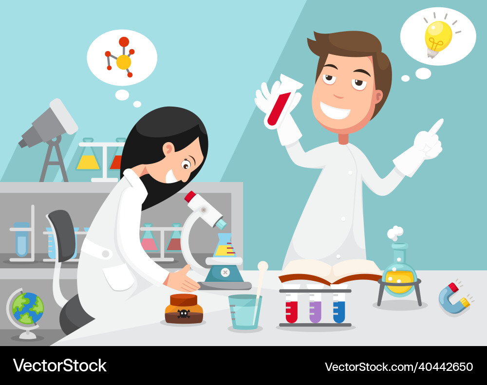 Scientists doing experiment surrounded by lab Vector Image
