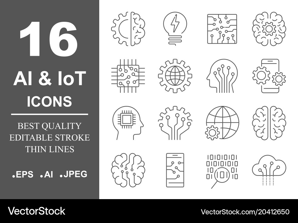 Simple set of artificial intelligence related line vector image