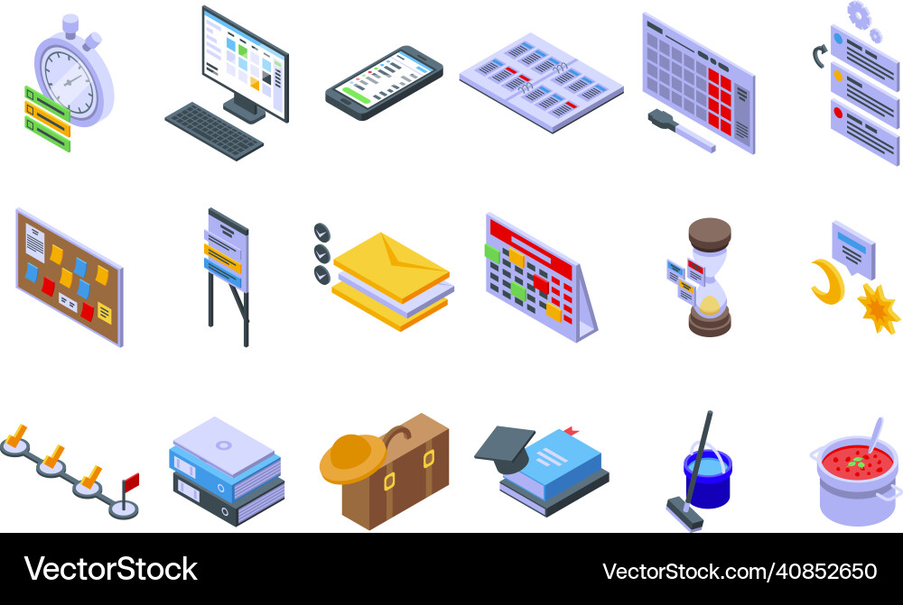 Task schedule icons set isometric style Task schedule icons set isometric style vector image