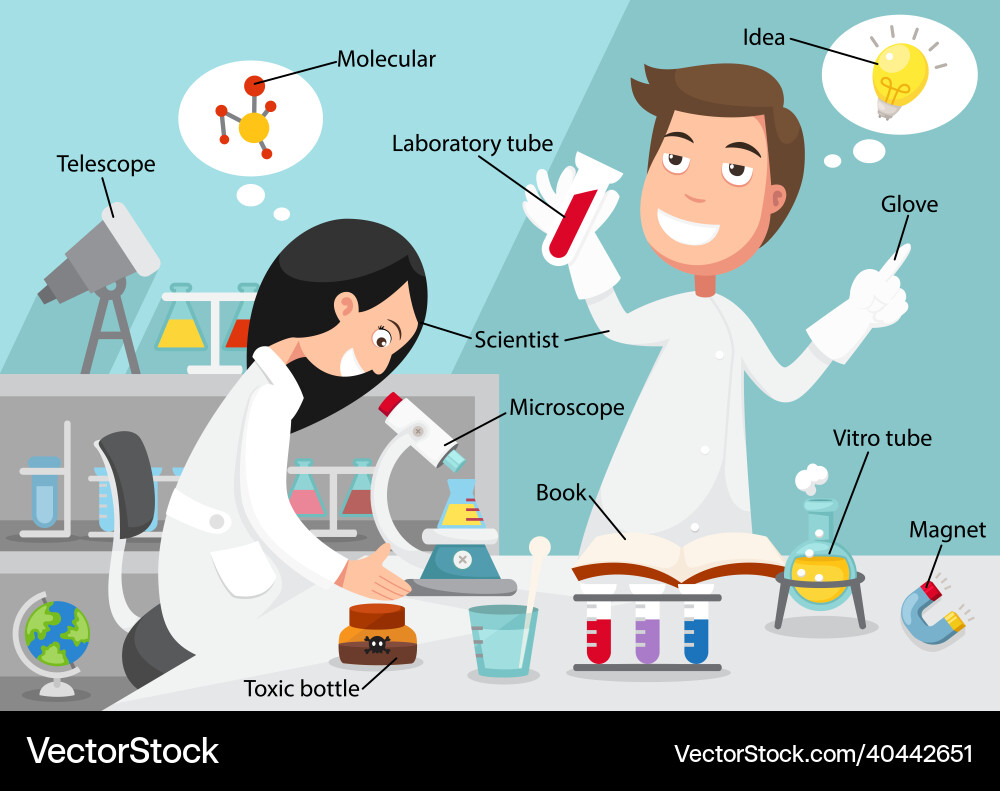 Scientists doing experiment surrounded by lab Scientists doing experiment surrounded by lab Vector Image