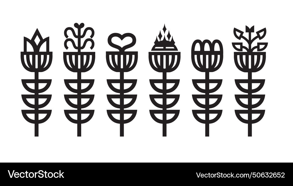 Black assorted line art flowers set in a row Black assorted line art flowers set in a row Vector Image