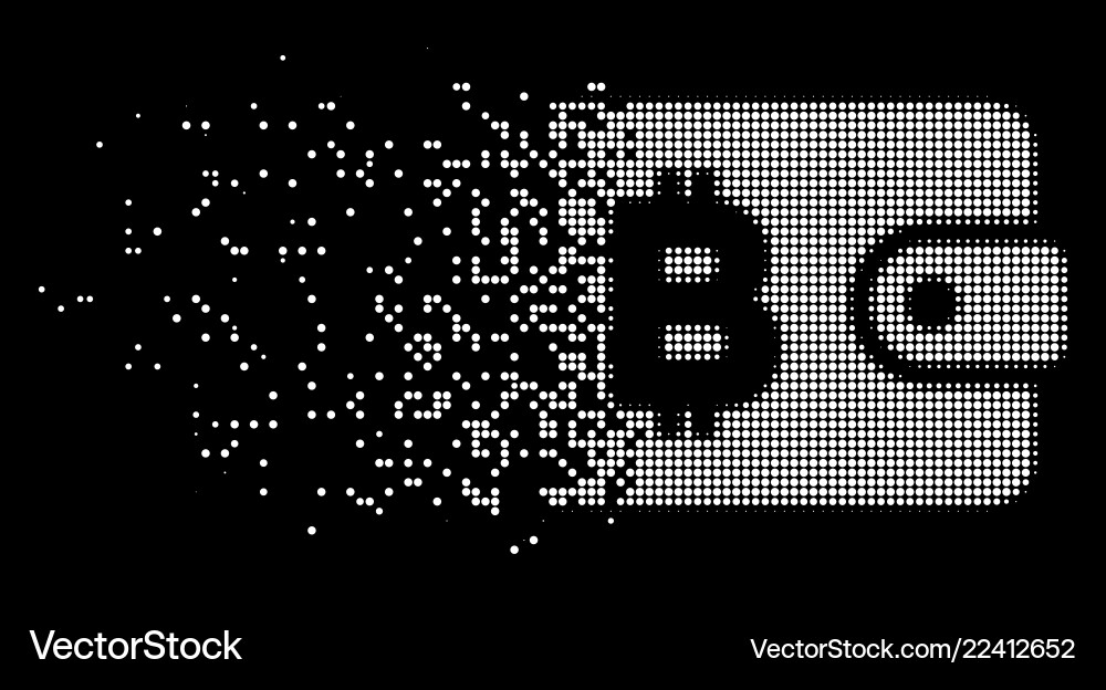 Bright disintegrating pixelated halftone bitcoin Bright disintegrating pixelated halftone bitcoin vector image