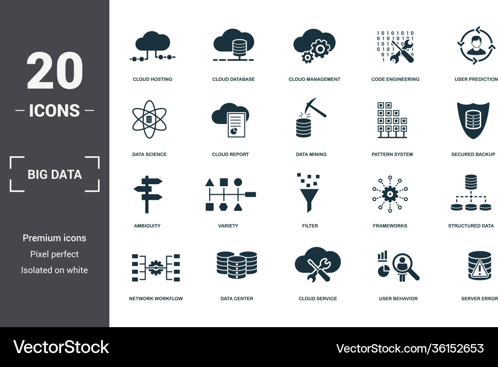 Big data set icons collection includes simple Big data set icons collection includes simple vector image