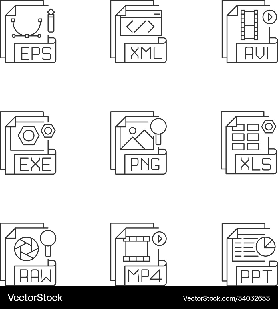 File formats pixel perfect linear icons set File formats pixel perfect linear icons set vector image