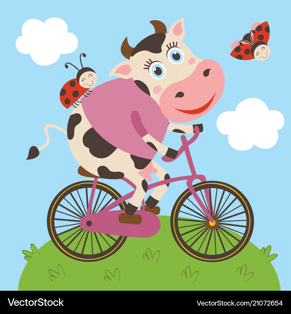 Cute cow and ladybug rides bicycle Cute cow and ladybug rides bicycle vector image