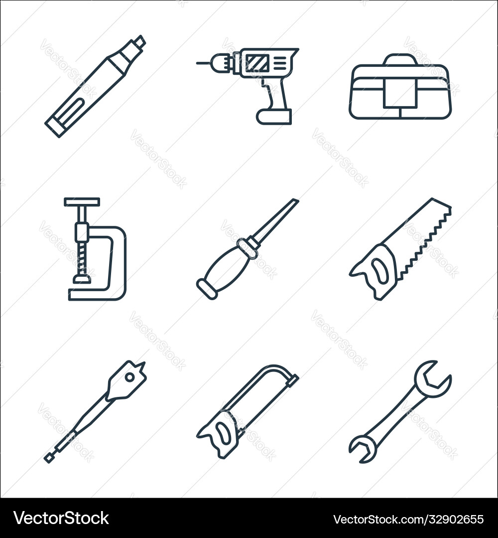 Carpentry line icons linear set quality Carpentry line icons linear set quality vector image