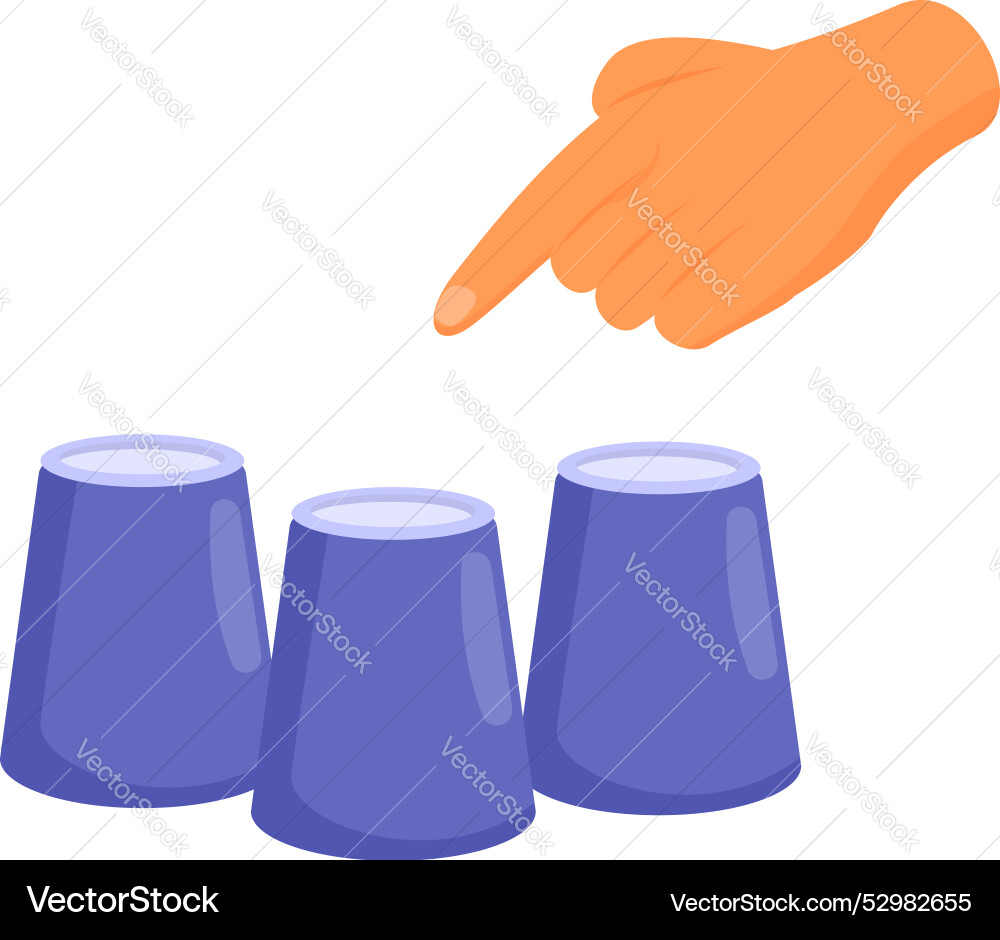 Hand pointing at three cups shell game swindle Hand pointing at three cups shell game swindle Vector Image