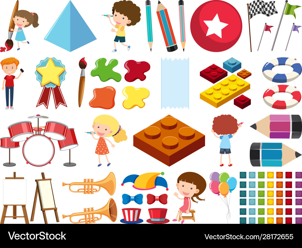 Set isolated objects kids and stationeries Set isolated objects kids and stationeries vector image