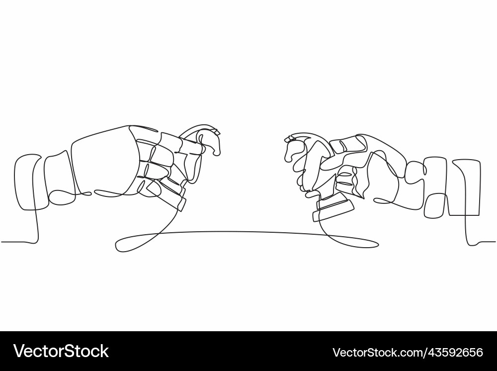 Continuous one line drawing robots hands holding Continuous one line drawing robots hands holding vector image