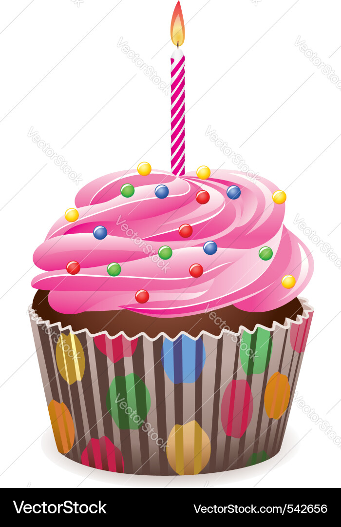 Pink Cupcake with Burning Candle Vector Image