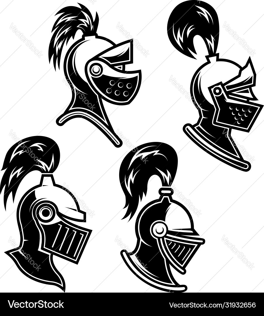 Set knight helmet in engraving style design Vector Image