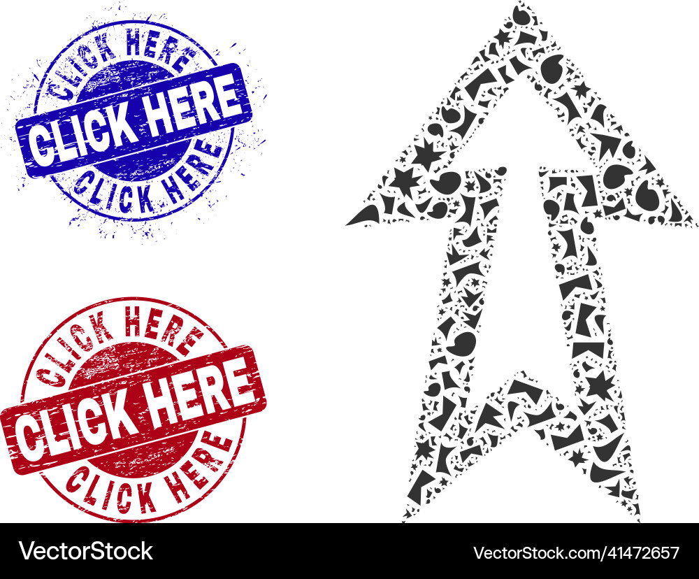 Arrow up mosaic of shatters with click here Arrow up mosaic of shatters with click here vector image