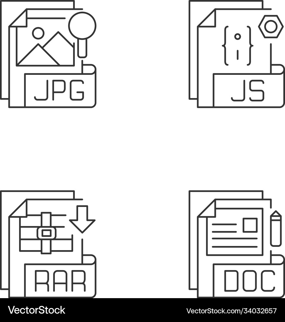 File types pixel perfect linear icons set File types pixel perfect linear icons set vector image