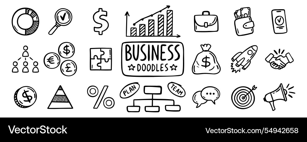 Business doodle hand drawn icon set outline Business doodle hand drawn icon set outline vector image