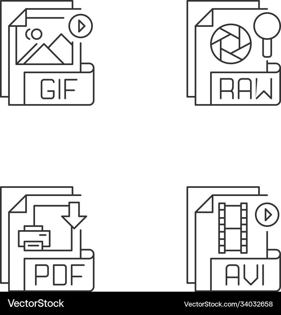 File types pixel perfect linear icons set File types pixel perfect linear icons set vector image
