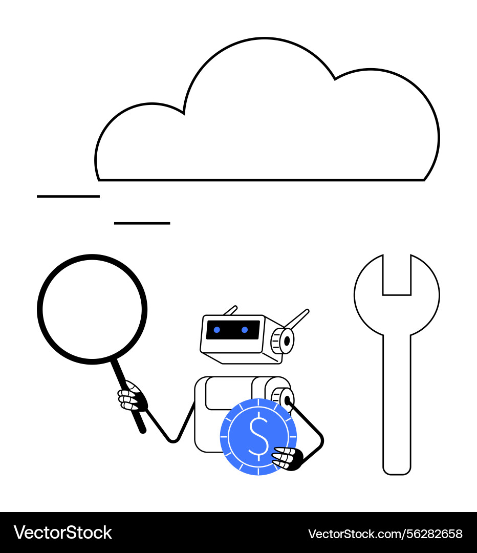 Robot analyzing cloud data with magnifying glass Robot analyzing cloud data with magnifying glass vector image