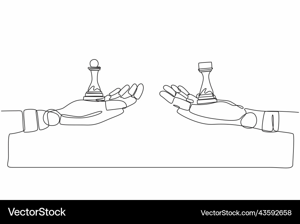 Single continuous line drawing robots hands vector image