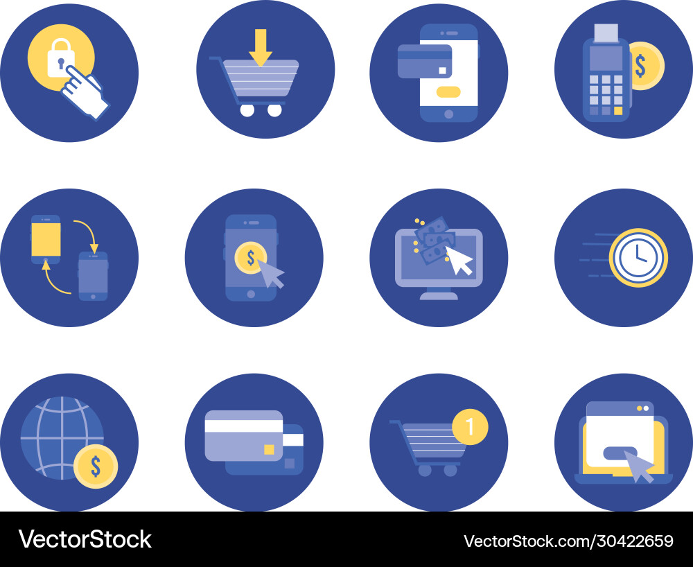 Bundle payment on block and flat set icons Vector Image