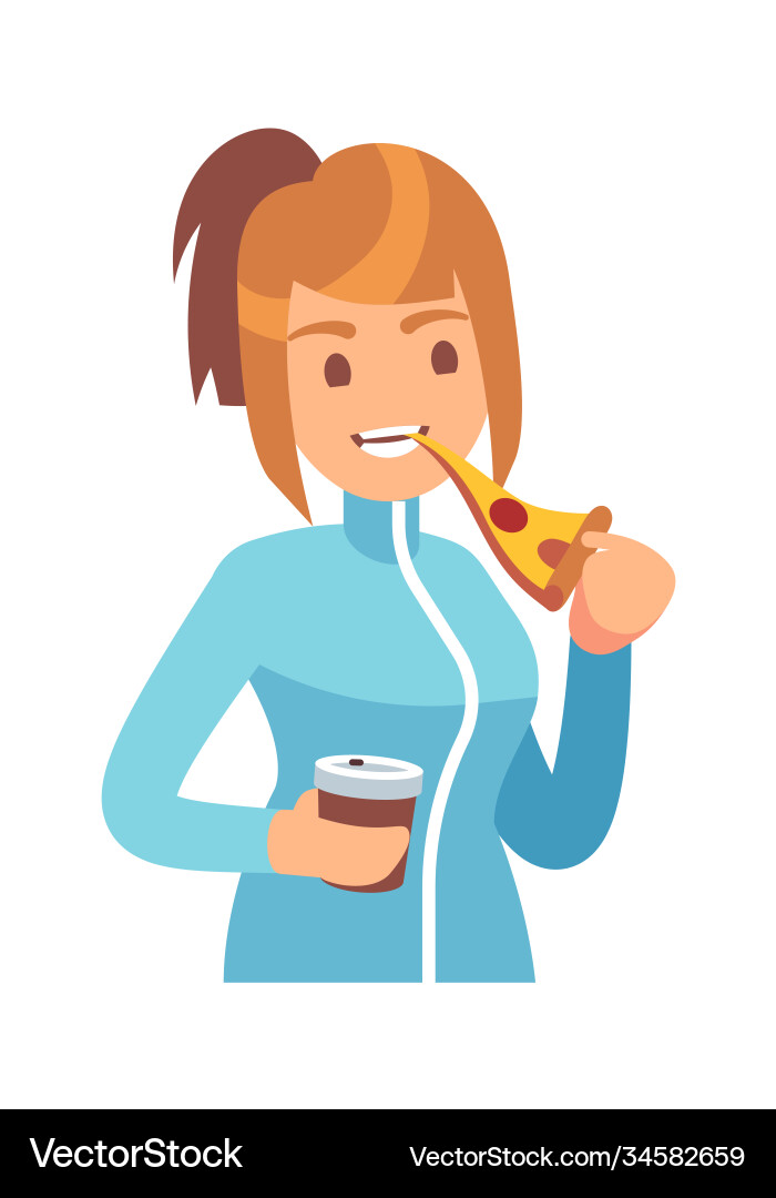 Woman eating pizza hungry female character Woman eating pizza hungry female character vector image