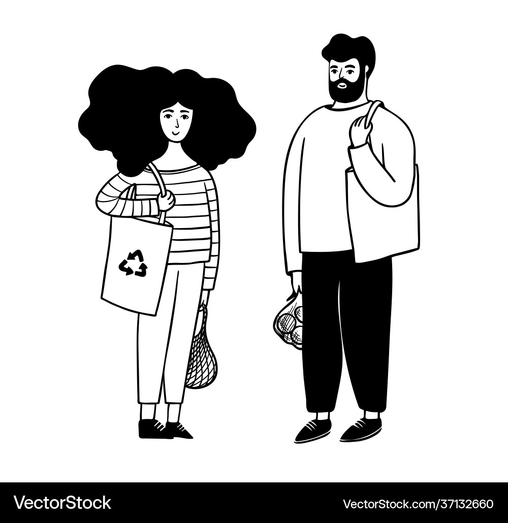 A man and woman with eco-bags vegetable bags A man and woman with eco-bags vegetable bags vector image