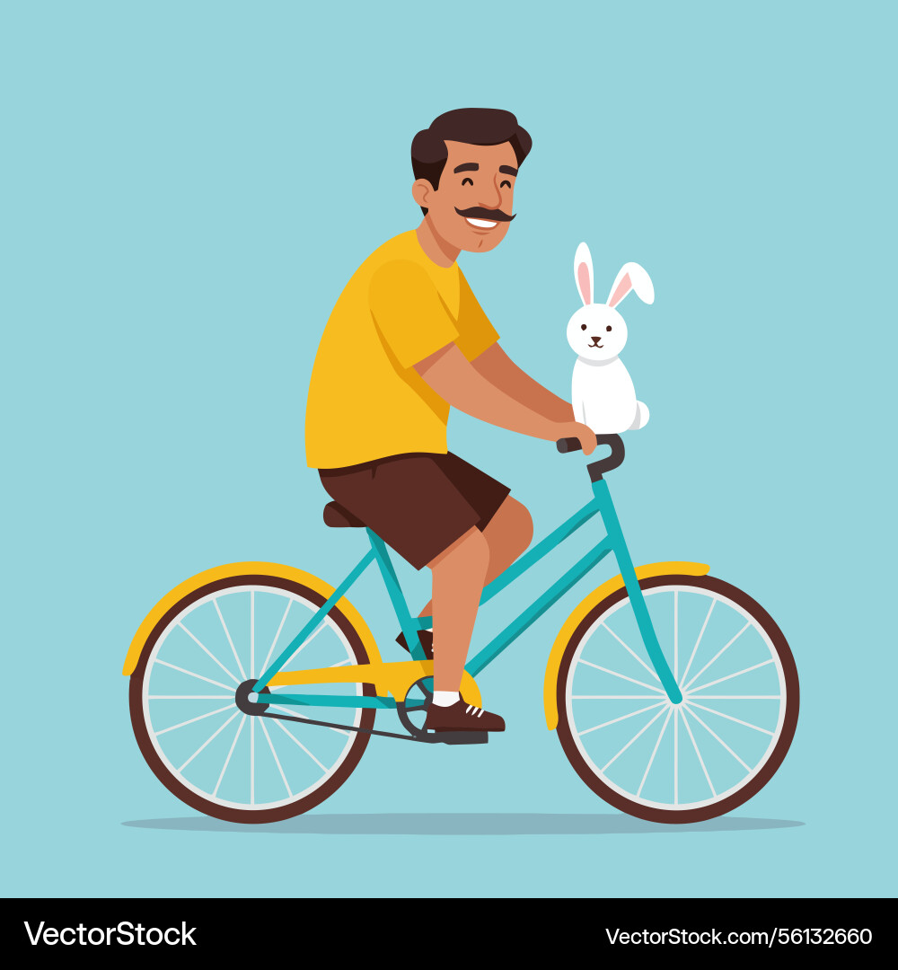 Man riding bicycle with a rabbit on handlebars Man riding bicycle with a rabbit on handlebars Vector Image