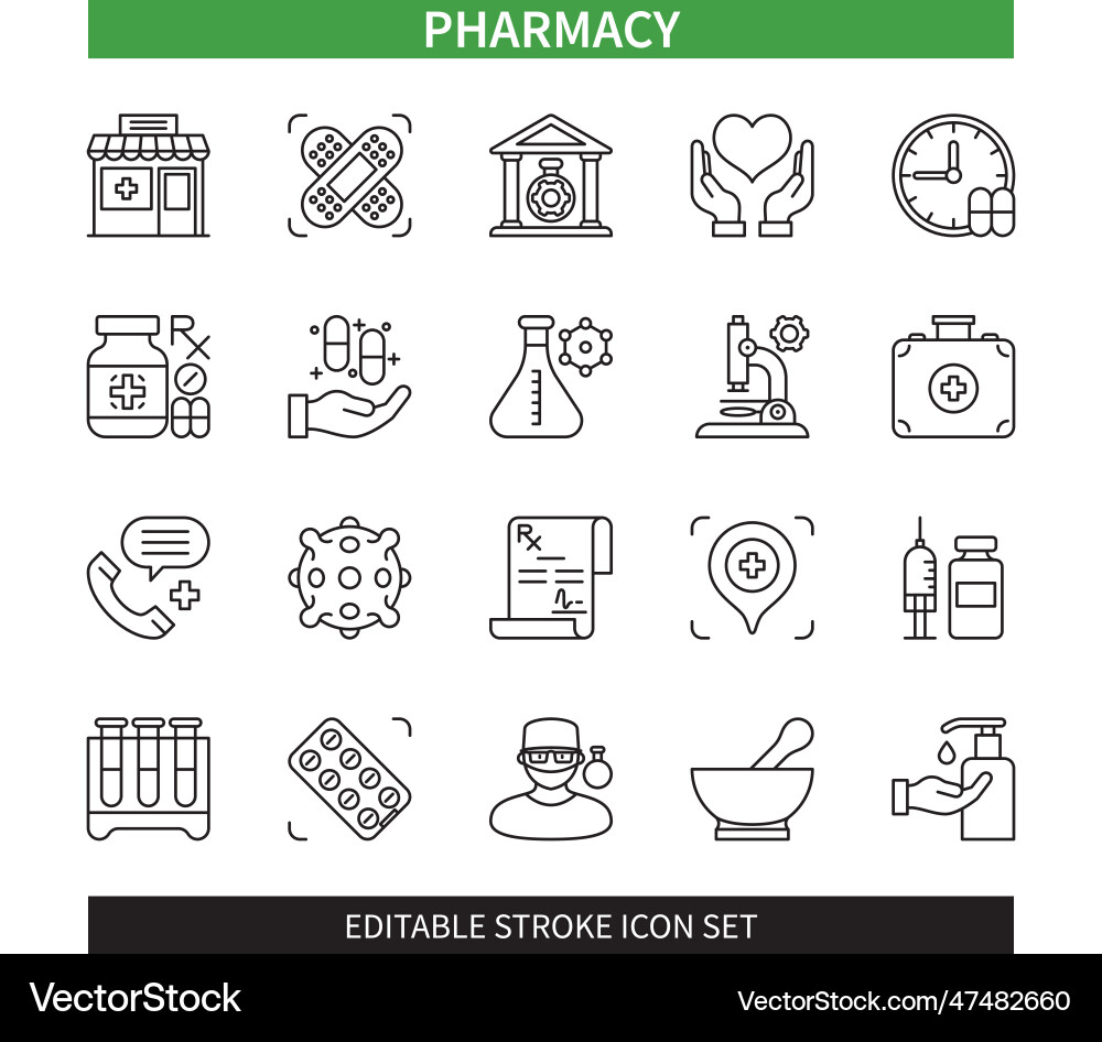 Pharmacy editable stroke icon set Pharmacy editable stroke icon set vector image