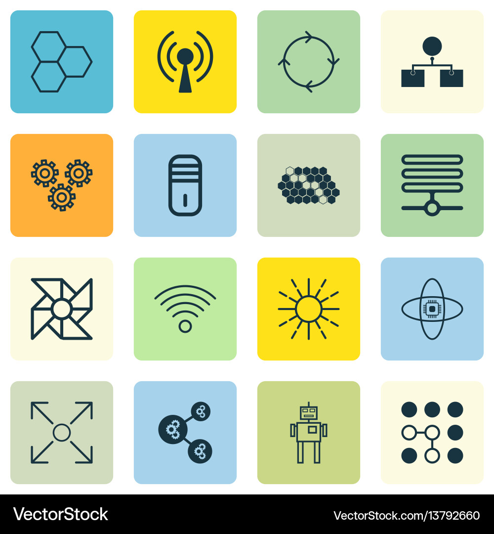 Set of 16 robotics icons includes mechanism parts Set of 16 robotics icons includes mechanism parts Vector Image