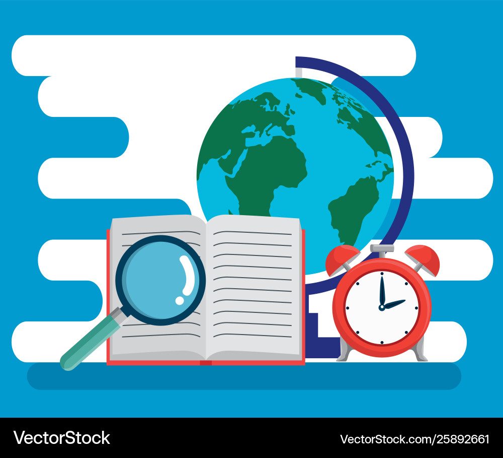 Global map with magnifying glass and clock alarm Vector Image
