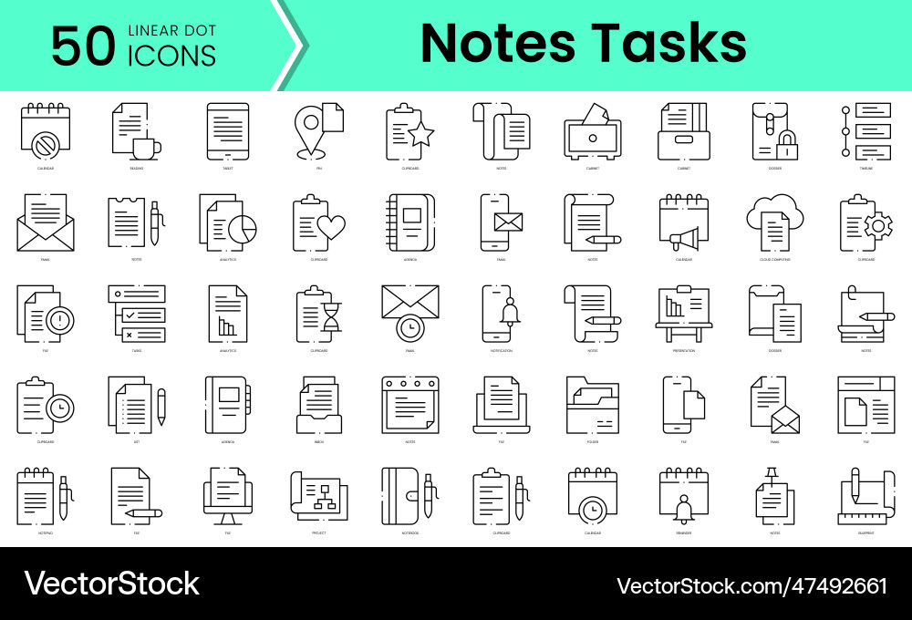 Set of notes tasks icons line art style Set of notes tasks icons line art style Vector Image