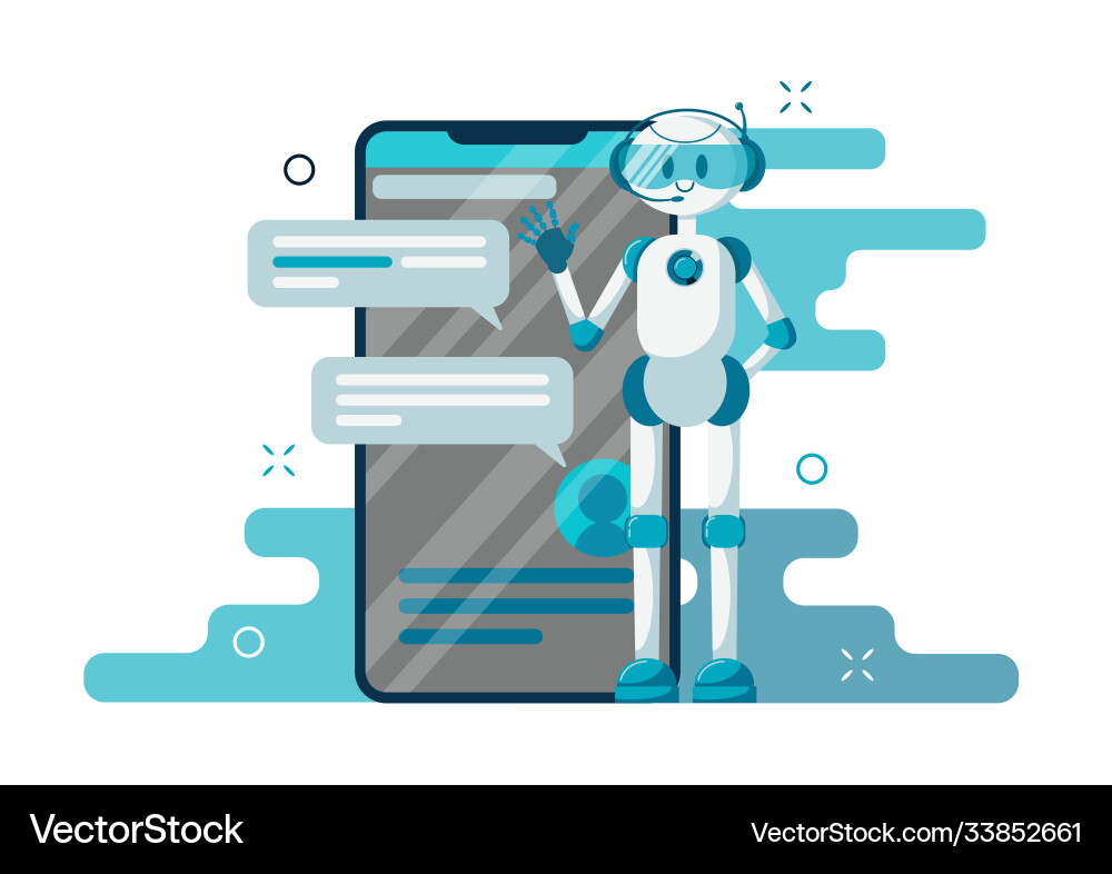 Smiling chat bot character robot helping solve Smiling chat bot character robot helping solve vector image