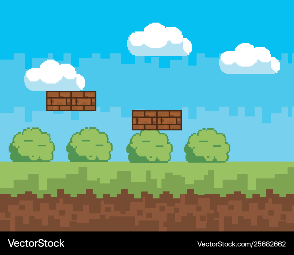 Arcade game world and pixel scene design Vector Image