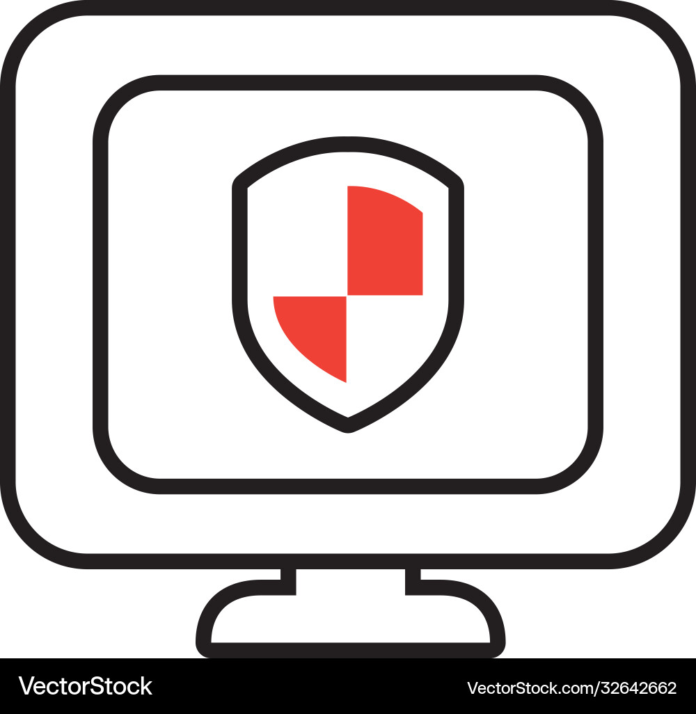 Computer with shield icon on screen half line vector image