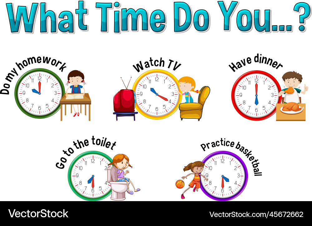 Daily routine with time and cartoon characters vector image