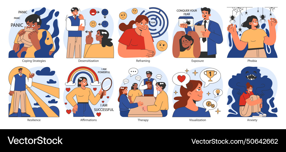 Overcoming fears set characters confronting Overcoming fears set characters confronting Vector Image