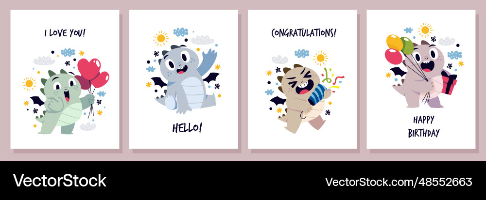 Cartoon kids dragons cards cute birthday mascots Cartoon kids dragons cards cute birthday mascots vector image